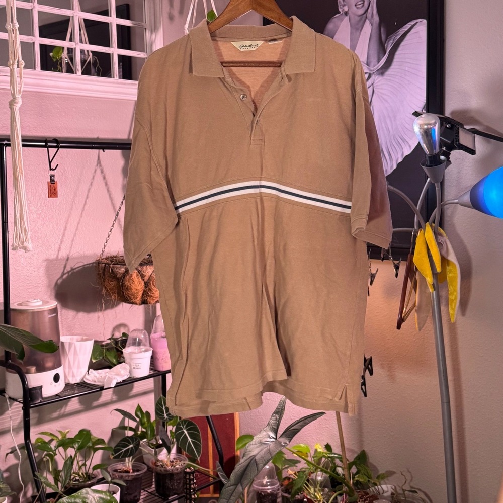 Eddie Bauer Mens XL Tan Pique Polo Shirt Short Sleeve Striped Chest 100% Cotton